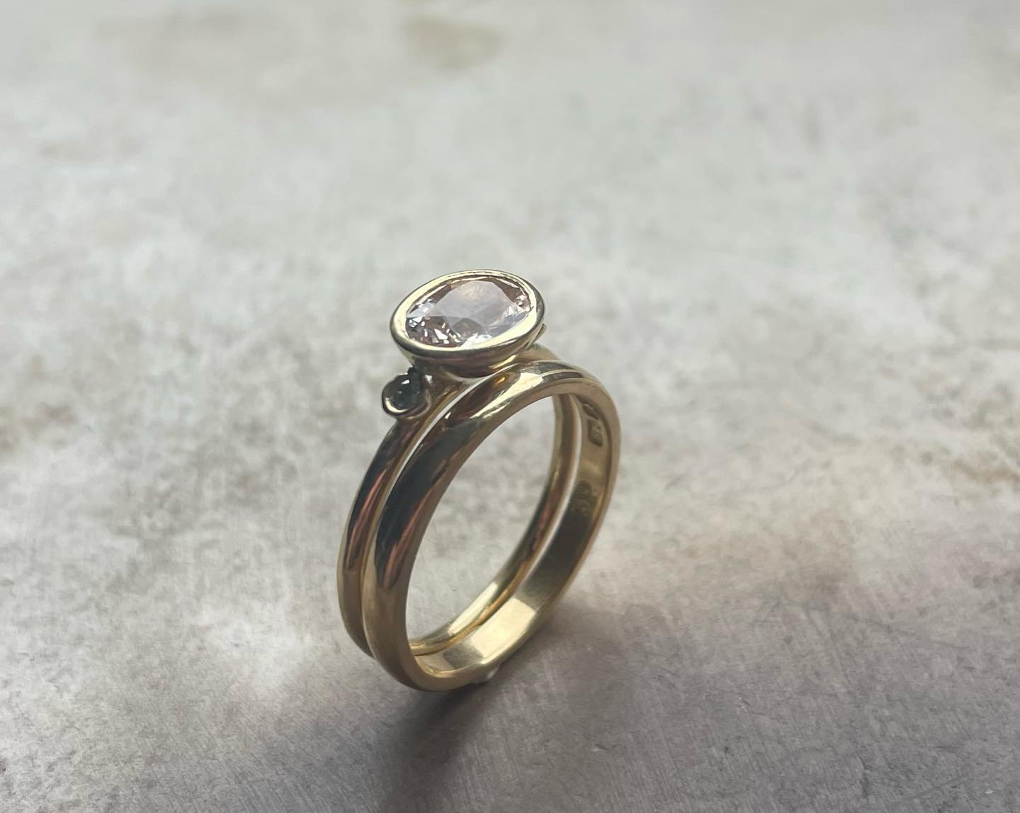 Close-up of a polished gold ring with an oval stone setting.